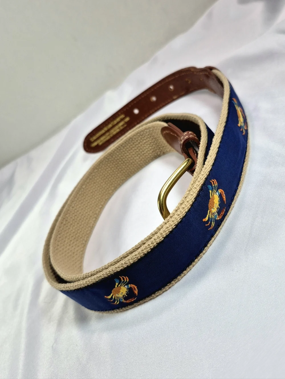 NWOT Leather Man Ltd. Blue Crab Ribbon Belt - Navy/Khaki USA Natical Old Money